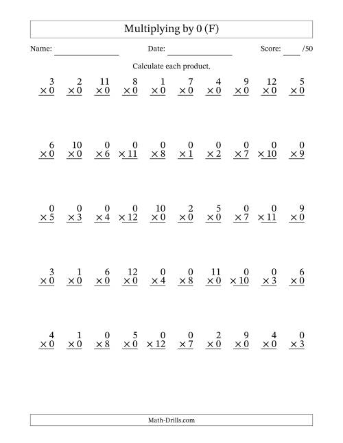 The Multiplying (1 to 12) by 0 (50 Questions) (F) Math Worksheet