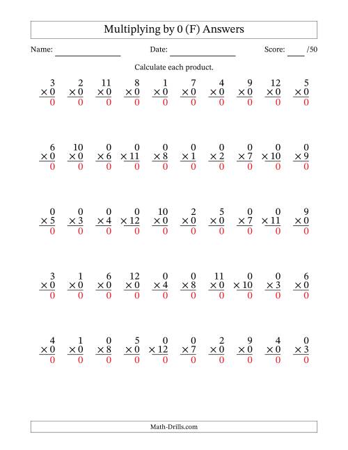 The Multiplying (1 to 12) by 0 (50 Questions) (F) Math Worksheet Page 2