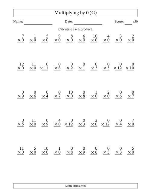 The Multiplying (1 to 12) by 0 (50 Questions) (G) Math Worksheet