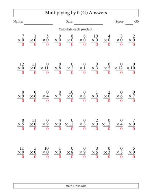 The Multiplying (1 to 12) by 0 (50 Questions) (G) Math Worksheet Page 2