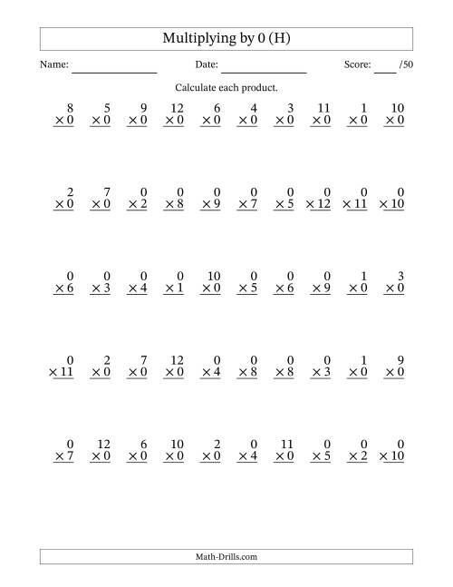 The Multiplying (1 to 12) by 0 (50 Questions) (H) Math Worksheet
