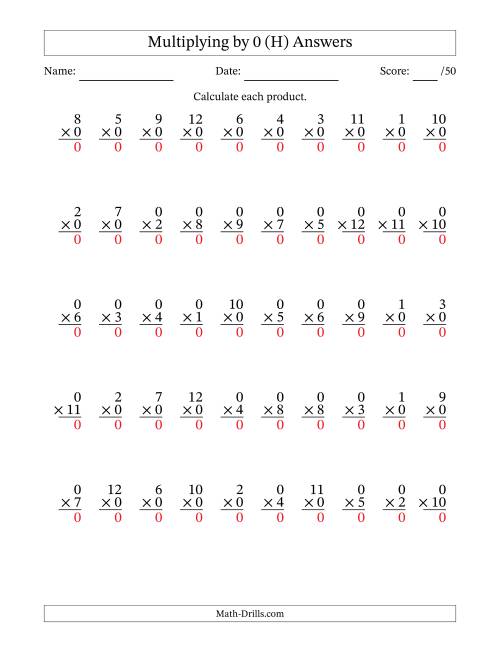The Multiplying (1 to 12) by 0 (50 Questions) (H) Math Worksheet Page 2