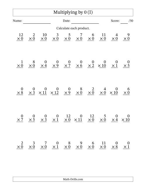 The Multiplying (1 to 12) by 0 (50 Questions) (I) Math Worksheet