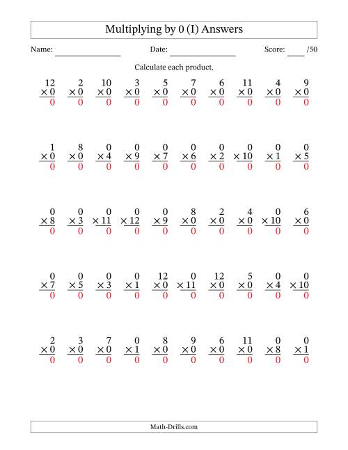 The Multiplying (1 to 12) by 0 (50 Questions) (I) Math Worksheet Page 2