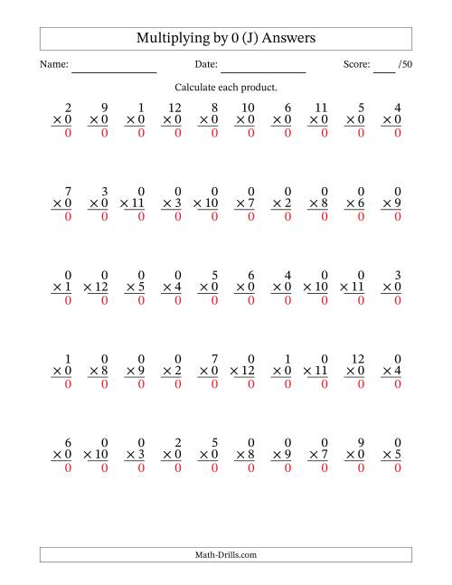 The Multiplying (1 to 12) by 0 (50 Questions) (J) Math Worksheet Page 2