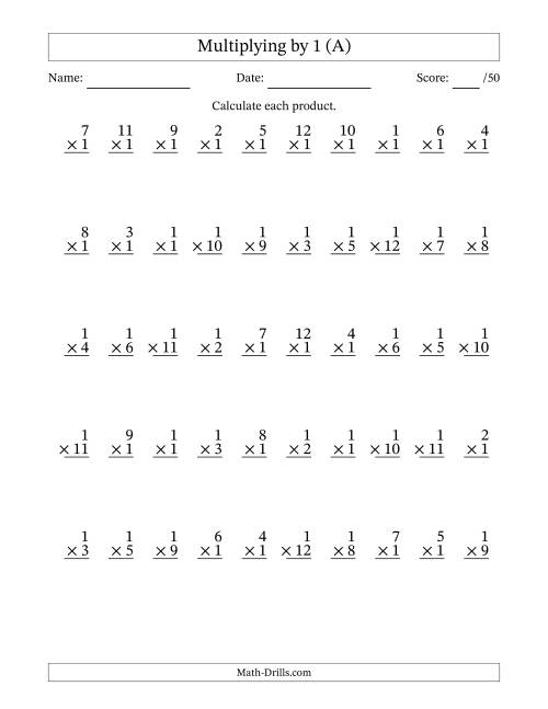 The Multiplying (1 to 12) by 1 (50 Questions) (A) Math Worksheet