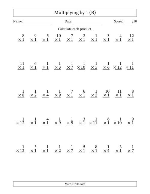 The Multiplying (1 to 12) by 1 (50 Questions) (B) Math Worksheet