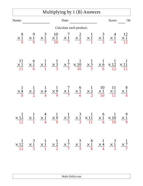 The Multiplying (1 to 12) by 1 (50 Questions) (B) Math Worksheet Page 2