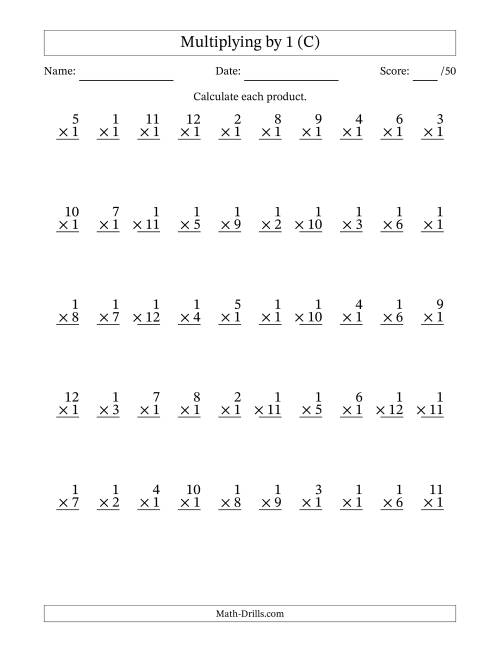 The Multiplying (1 to 12) by 1 (50 Questions) (C) Math Worksheet