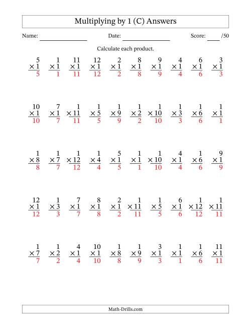 The Multiplying (1 to 12) by 1 (50 Questions) (C) Math Worksheet Page 2