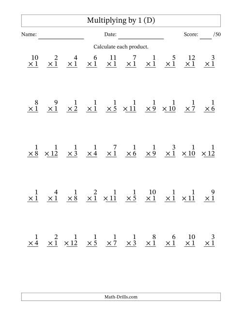 The Multiplying (1 to 12) by 1 (50 Questions) (D) Math Worksheet