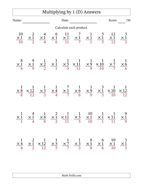 The Multiplying (1 to 12) by 1 (50 Questions) (D) Math Worksheet Page 2