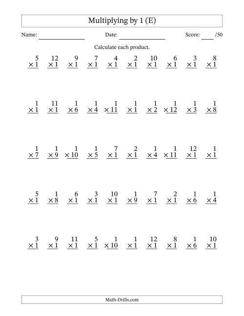 The Multiplying (1 to 12) by 1 (50 Questions) (E) Math Worksheet
