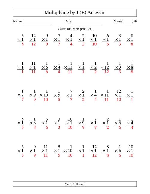 The Multiplying (1 to 12) by 1 (50 Questions) (E) Math Worksheet Page 2