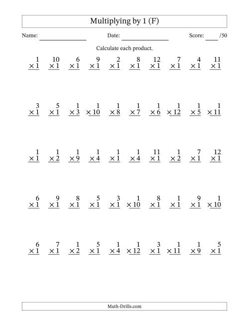 The Multiplying (1 to 12) by 1 (50 Questions) (F) Math Worksheet