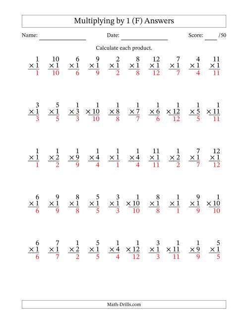 The Multiplying (1 to 12) by 1 (50 Questions) (F) Math Worksheet Page 2