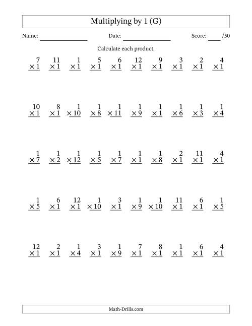 The Multiplying (1 to 12) by 1 (50 Questions) (G) Math Worksheet