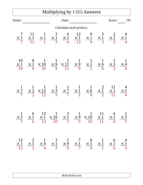 The Multiplying (1 to 12) by 1 (50 Questions) (G) Math Worksheet Page 2