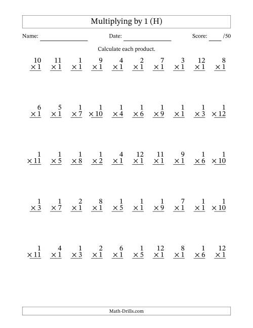 The Multiplying (1 to 12) by 1 (50 Questions) (H) Math Worksheet