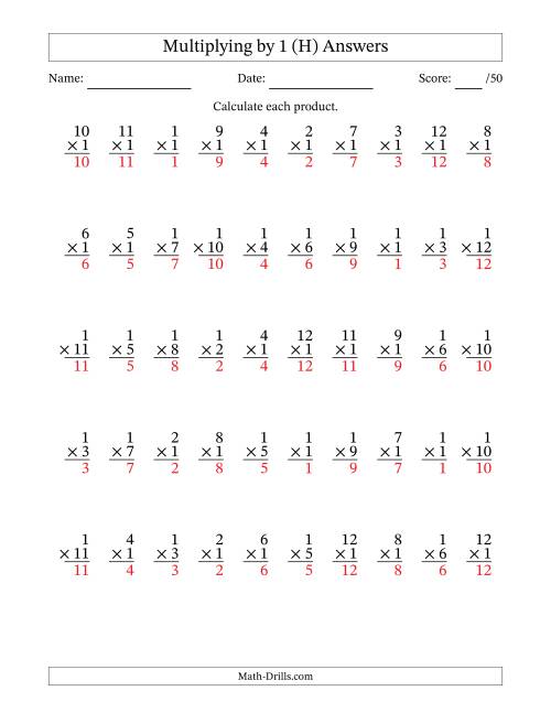 The Multiplying (1 to 12) by 1 (50 Questions) (H) Math Worksheet Page 2
