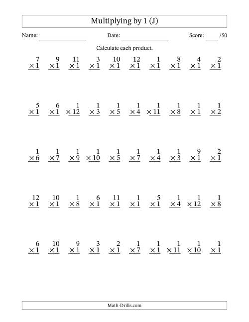 The Multiplying (1 to 12) by 1 (50 Questions) (J) Math Worksheet