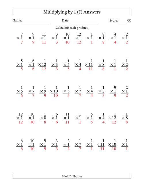 The Multiplying (1 to 12) by 1 (50 Questions) (J) Math Worksheet Page 2