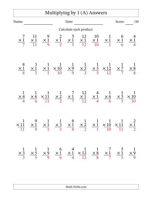 The Multiplying (1 to 12) by 1 (50 Questions) (All) Math Worksheet Page 2