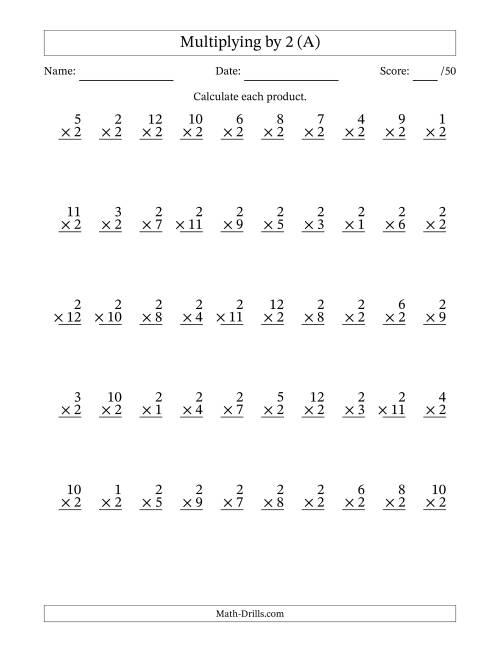 The Multiplying (1 to 12) by 2 (50 Questions) (A) Math Worksheet