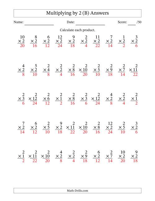 The Multiplying (1 to 12) by 2 (50 Questions) (B) Math Worksheet Page 2
