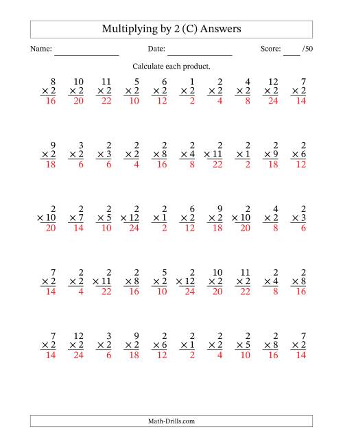 The Multiplying (1 to 12) by 2 (50 Questions) (C) Math Worksheet Page 2