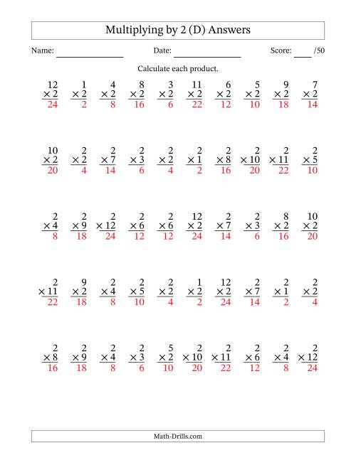 The Multiplying (1 to 12) by 2 (50 Questions) (D) Math Worksheet Page 2