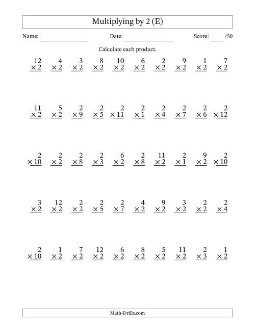 The Multiplying (1 to 12) by 2 (50 Questions) (E) Math Worksheet
