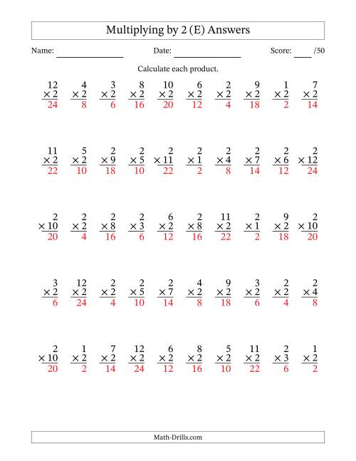 The Multiplying (1 to 12) by 2 (50 Questions) (E) Math Worksheet Page 2