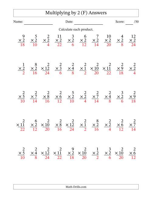 The Multiplying (1 to 12) by 2 (50 Questions) (F) Math Worksheet Page 2