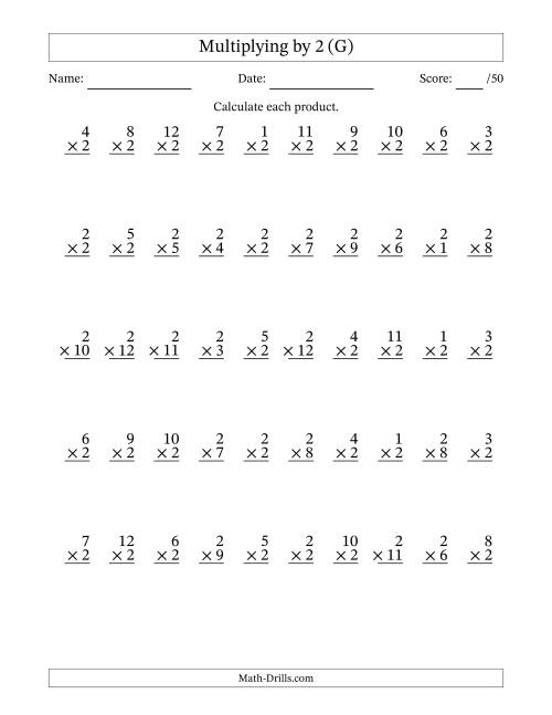 The Multiplying (1 to 12) by 2 (50 Questions) (G) Math Worksheet