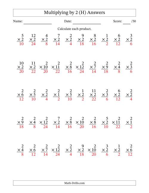 The Multiplying (1 to 12) by 2 (50 Questions) (H) Math Worksheet Page 2