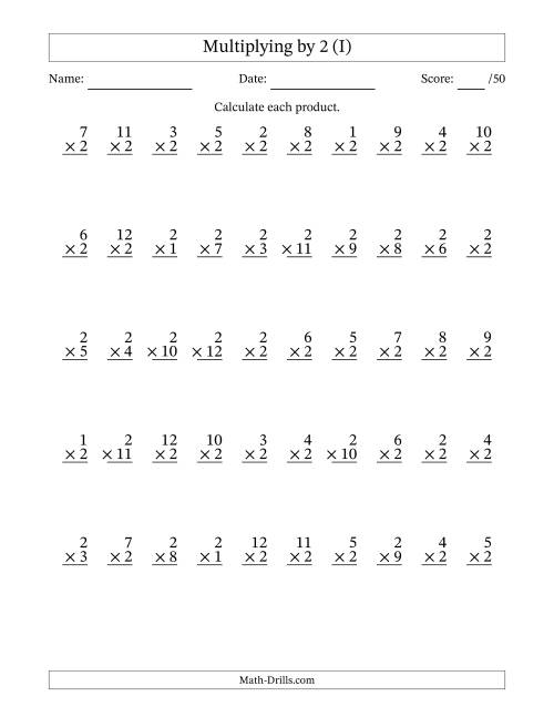 The Multiplying (1 to 12) by 2 (50 Questions) (I) Math Worksheet