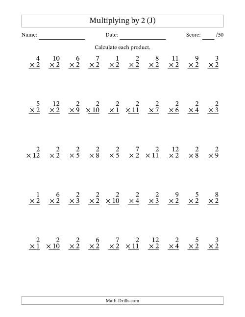 The Multiplying (1 to 12) by 2 (50 Questions) (J) Math Worksheet