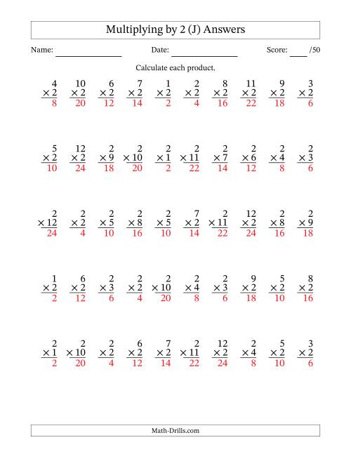 The Multiplying (1 to 12) by 2 (50 Questions) (J) Math Worksheet Page 2