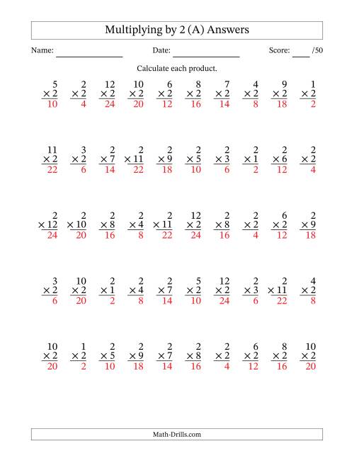 The Multiplying (1 to 12) by 2 (50 Questions) (All) Math Worksheet Page 2
