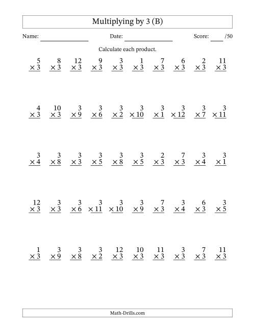 The Multiplying (1 to 12) by 3 (50 Questions) (B) Math Worksheet