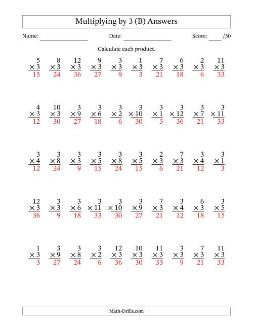 The Multiplying (1 to 12) by 3 (50 Questions) (B) Math Worksheet Page 2