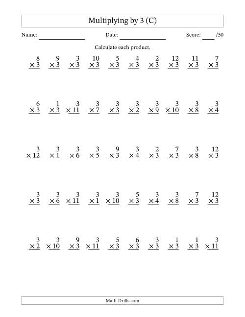 The Multiplying (1 to 12) by 3 (50 Questions) (C) Math Worksheet