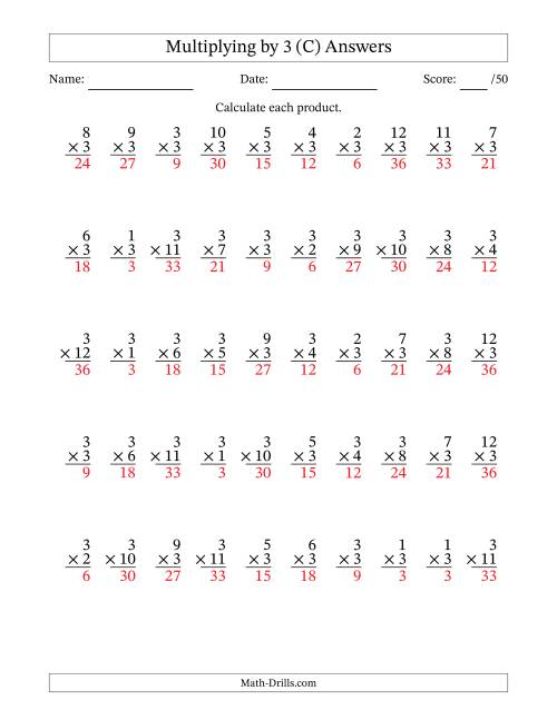 The Multiplying (1 to 12) by 3 (50 Questions) (C) Math Worksheet Page 2