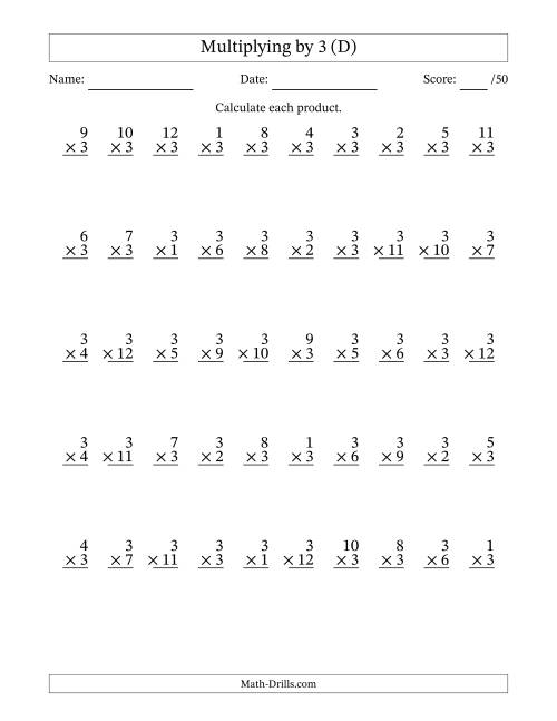 The Multiplying (1 to 12) by 3 (50 Questions) (D) Math Worksheet