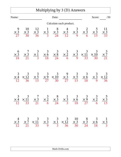 The Multiplying (1 to 12) by 3 (50 Questions) (D) Math Worksheet Page 2