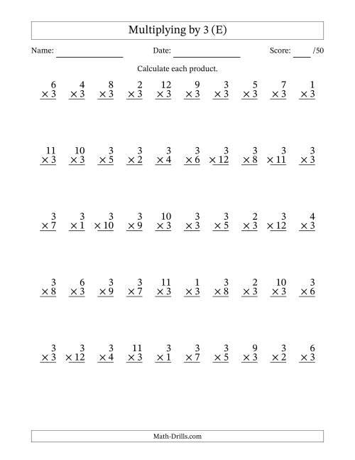 The Multiplying (1 to 12) by 3 (50 Questions) (E) Math Worksheet