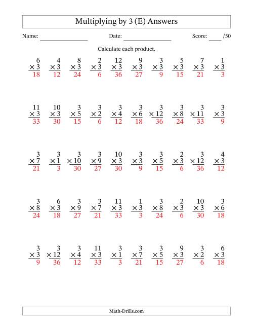 The Multiplying (1 to 12) by 3 (50 Questions) (E) Math Worksheet Page 2