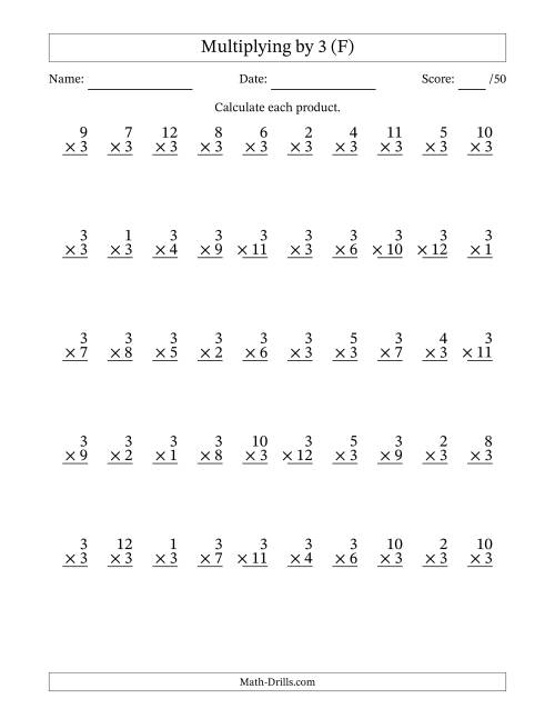 The Multiplying (1 to 12) by 3 (50 Questions) (F) Math Worksheet