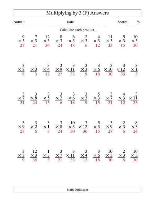 The Multiplying (1 to 12) by 3 (50 Questions) (F) Math Worksheet Page 2